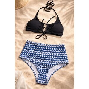 CUPSHE Black‎ & Blue Pattern Lace-Up Bikini Set | NWT - SIZE M